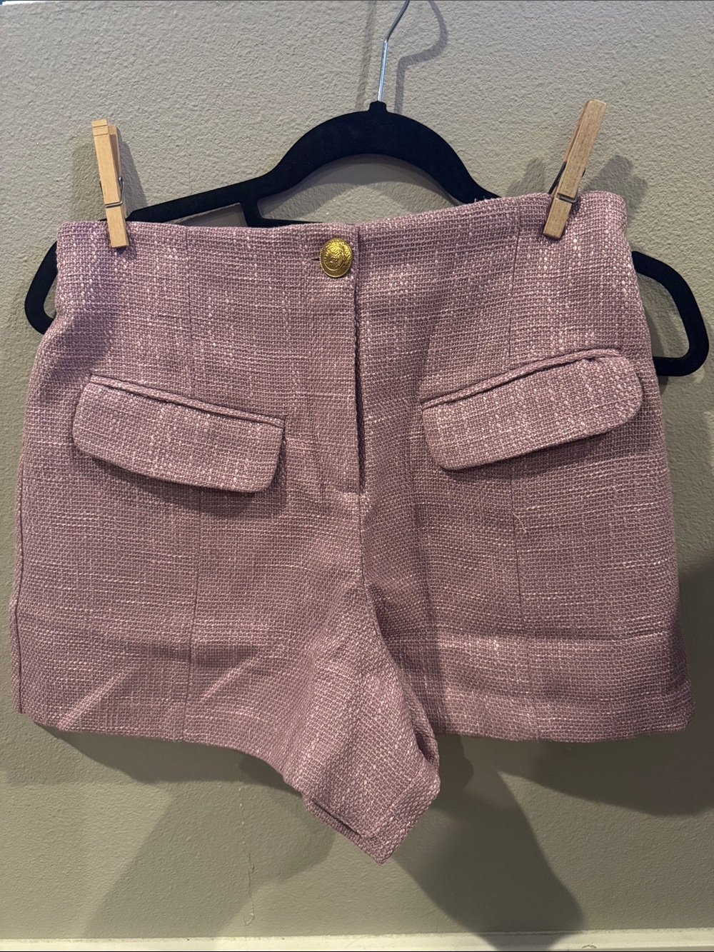 bishop + young Mauve Tweed High-Waist Shorts with Gold Button